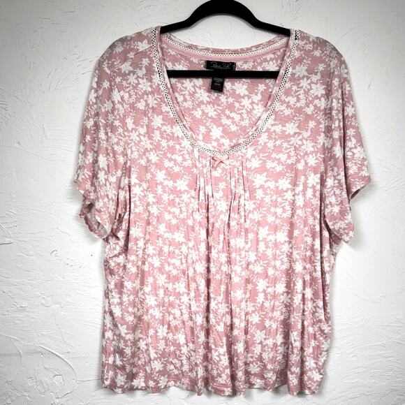 Rene Rafe Sleepwear Pink White Floral Sleep Tee Shirt Womens 2X Short Sleeve Top - Picture 1 of 10